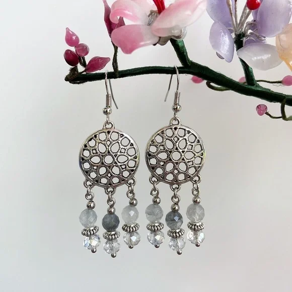 Smokey quartz beads dream catcher boho earrings - Picture 5 of 7